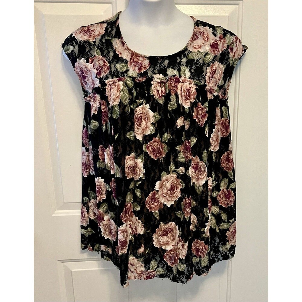 Suzanne Betro Black Pink Floral Lace Tunic Shirt Top Size Large Women’s